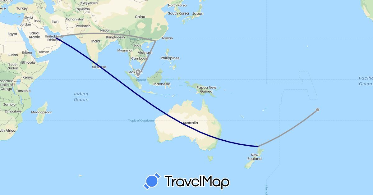 TravelMap itinerary: driving, plane in United Arab Emirates, China, France, New Zealand, Singapore (Asia, Europe, Oceania)